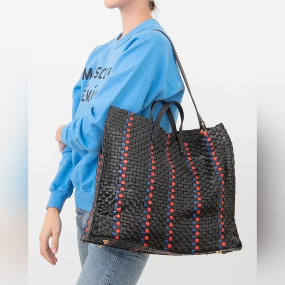 NWT Clare V Simple Tote Black Pacific Cherry Red Woven Stripe Checker - Picture 1 of 12